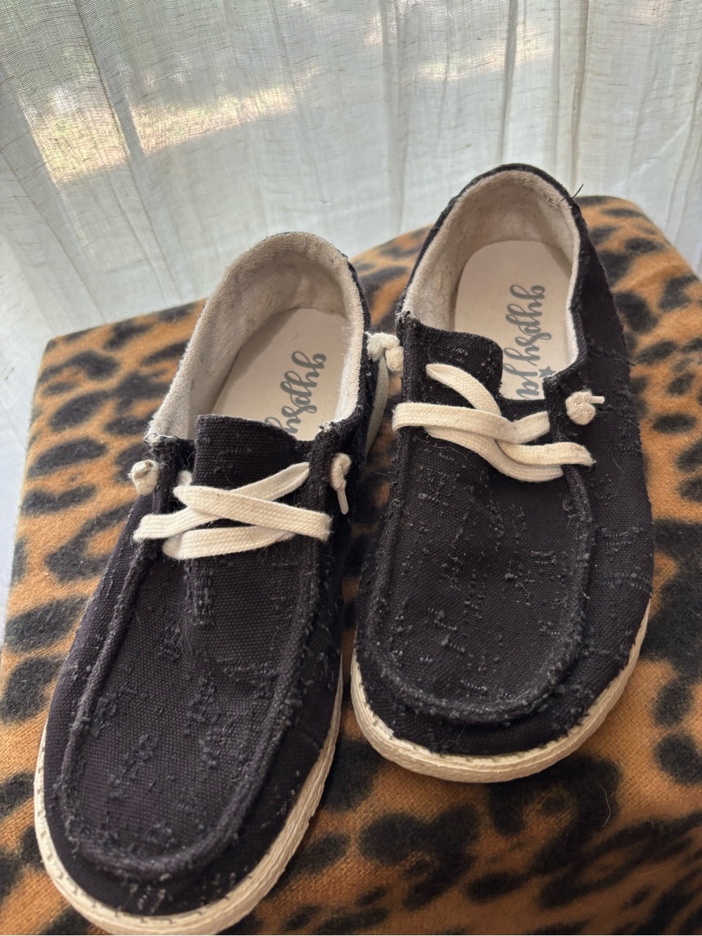 Black Hey Dude-Style Canvas Slip-On Shoes with Cream Laces